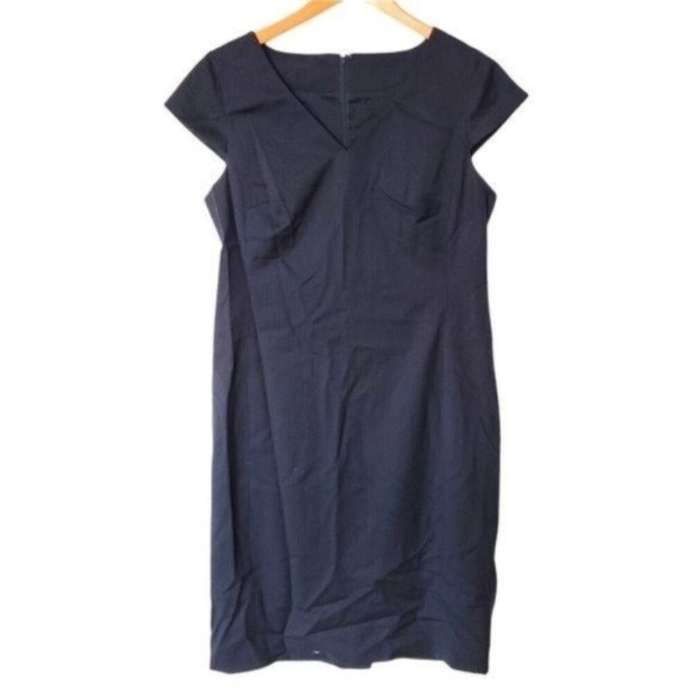 Talbots Dress Sheath Black Striped Lined Wool Blend V-Neck M Medium Cap Sleeve